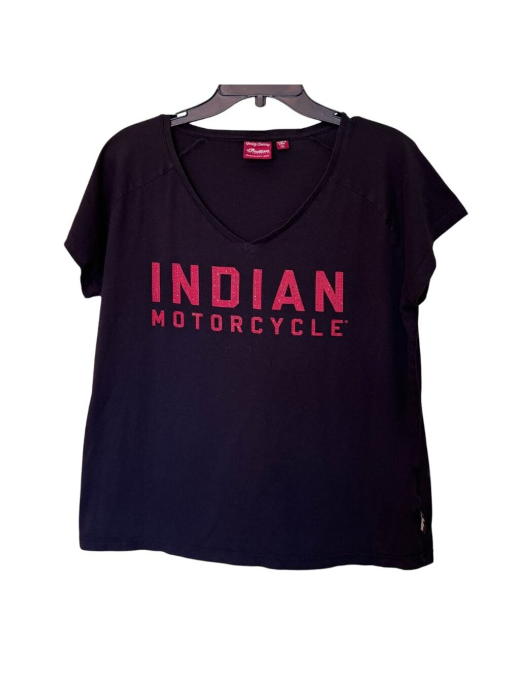Indian Motorcycle Women's T-Shirt Size XL Black V-Neck Graphic Red Sparkle Logo